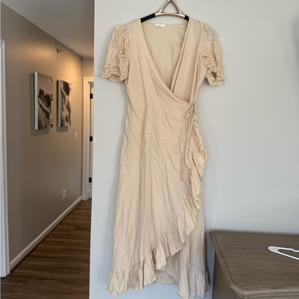 Cream Asymmetrical Wrap Sundress with Puff Sleeves